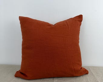 Rust Linen Throw Pillow Cover | Burnt Orange Cushion, Modern Home Decor