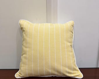 Yellow Striped Cotton Pillow Cover with White Piping – Farmhouse Coastal Cushion
