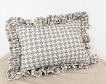 Neutral Houndstooth Pillow Cover - Ruffled Edge Lumbar Cushion, Ivory & Grey Farmhouse Decor