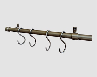 Handmade Unlacquered Brass Pot Rail with S Hooks | Wall Mounted Utensil Rail