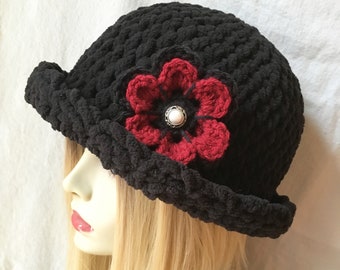 Crochet Cloche Womens Black Hat, Flower, Warm, Super Soft, Velvety, Chunky, Flapper, Winter Hat, Holiday hat, Birthday Gifts JE210A1