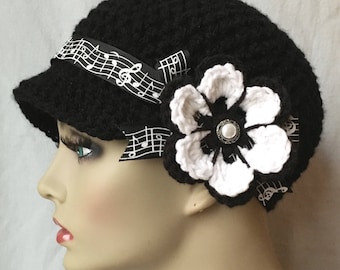 Free Shipping Musical, Womens Hat, Black Newsboy, Musical Notes Ribbon, Gifts for teachers, Music lovers, Chemo Hat, Birthday Gifts JE148N2