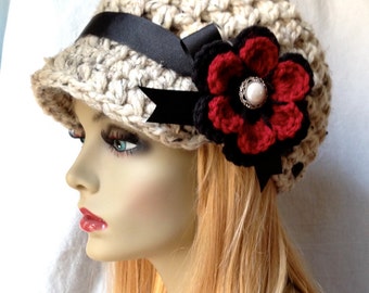 Crochet Woman Hat, Newsboy, Oatmeal, Very Soft Chunky Wool, Flower, Ribbon, Warm, Teens, Winter, Ski Hat, Christmas gift, Mother's Day Gift