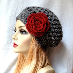 Charcoal Grey Womens Hat, Slouchy Beret, Ohio Buckeye, Red Rose Flower, Cancer hat, Chunky, Teens, Winter, Christmas Gift for Her image 4