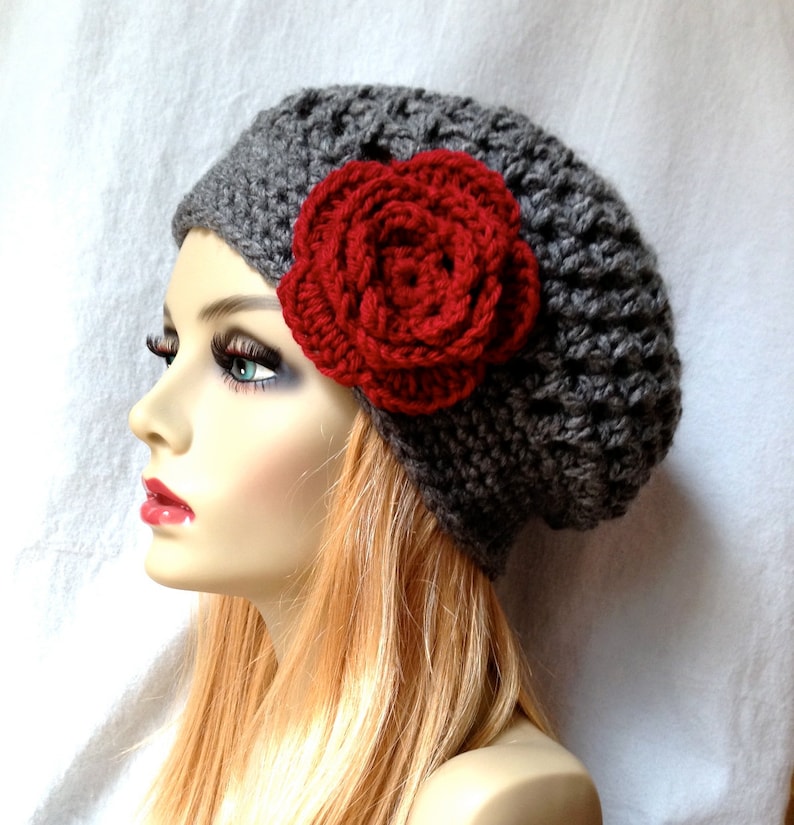 Charcoal Grey Womens Hat, Slouchy Beret, Ohio Buckeye, Red Rose Flower, Cancer hat, Chunky, Teens, Winter, Christmas Gift for Her image 4