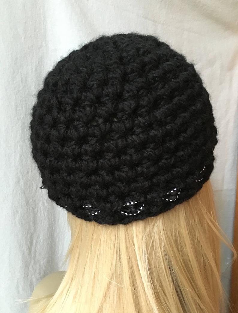 Free shipping USA Crochet Newsboy, Woman Hat, Black, Ribbon, Flower, Gray, Pearl Button, Gifts for Her, Birthday Gifts JE148NFRALL6 image 6
