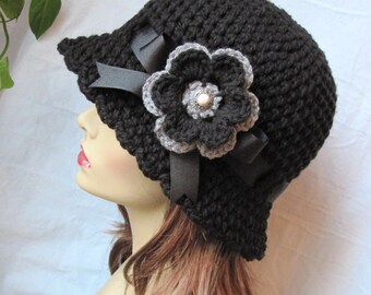 Black Womens Hat Cloche, Black Ribbon, Flower, Gray, Pearl, Birthday Gifts, Wedding Hat, Tea Party, Photo Prop, JE276CRFALL5