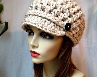 SALE Crochet Womens Hat, Newsboy, Oatmeal, Very Soft Chunky Wool, Short Brim Buttons Warm Teens Winter Ski Hat, JE808N8