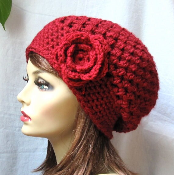 Red Womens Hat, Crochet Beret, Red Rose, Pick Color, Chunky  display picture 3