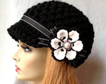 Crochet Womens Hat, Newsboy, White and Black, Very Soft Chunky, Flower, Ribbon, Warm, Teens, Winter, Ski Hat, JE808N11A