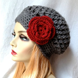 Charcoal Grey Womens Hat, Slouchy Beret, Ohio Buckeye, Red Rose Flower, Cancer hat, Chunky, Teens, Winter, Christmas Gift for Her image 3