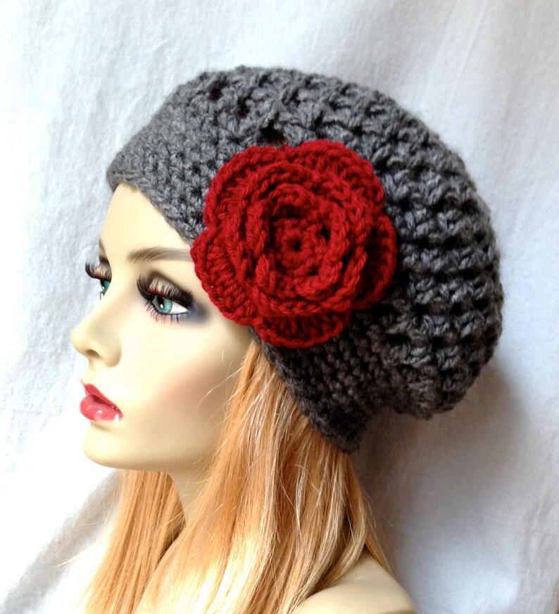 Charcoal Grey Womens Hat, Slouchy Beret, Ohio Buckeye, Red Rose Flower, Cancer hat, Chunky, Teens, Winter, Christmas Gift for Her image 3