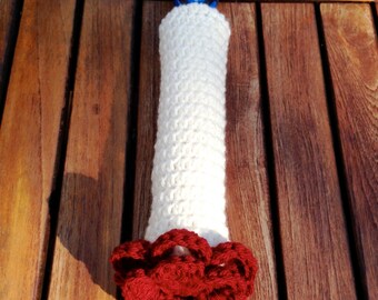 Crocheted Tennis Racquet Handle Cover: Cream & Red Flower, Sports Gift