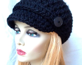 Crochet Womens Hat, Newsboy, Black, Very Soft Chunky, Buttons, Warm, Teens, Winter, Ski Hat, JE808N