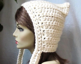 Crochet Hoodie, Elf Hat, Pixie Hat, Off White Hood, Womens Hat, Chunky, Girls, Chemo Hat, Winter, Birthday Gifts JE505HO