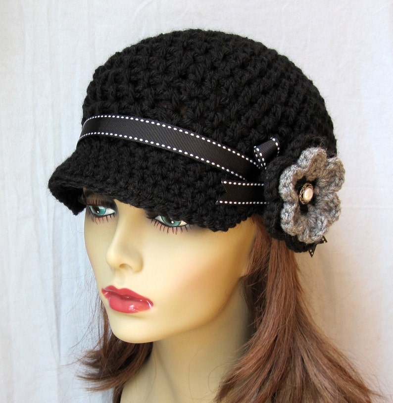 Free shipping USA Crochet Newsboy, Woman Hat, Black, Ribbon, Flower, Gray, Pearl Button, Gifts for Her, Birthday Gifts JE148NFRALL6 image 4