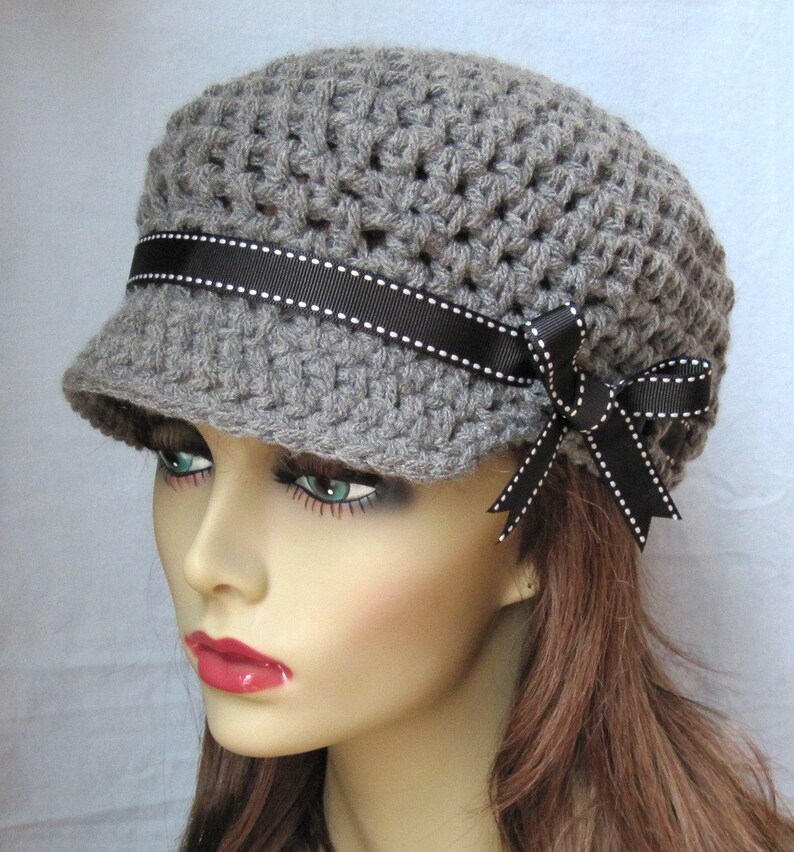Crochet Newsboy Gray Teens Womens Hat Black Ribbon Chemo Etsy