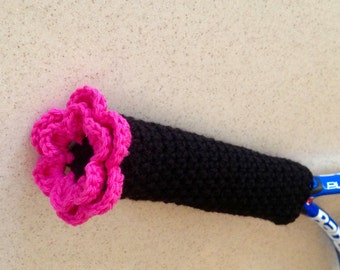 Crocheted Tennis Racquet Grip Cover: Hot Pink Flower, Sports Gift