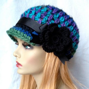 Womens Hat, Beanie, Flower, Multi, Blue Green Purple Black, Chunky, Warm. Teens, Winter, Ski Hat, Birthday Gifts for Her, JE409BF2 image 1
