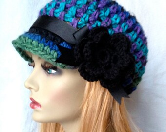 Womens Hat, Beanie, Flower,  Multi, Blue Green Purple Black, Chunky, Warm. Teens, Winter, Ski Hat, Birthday Gifts for Her, JE409BF2