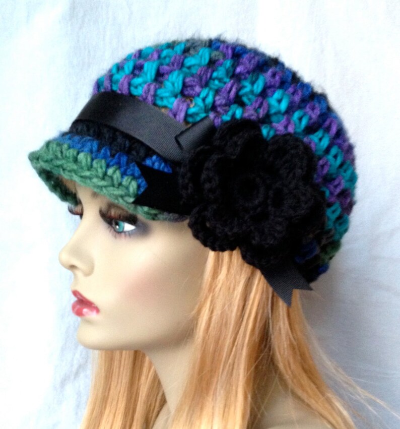 Womens Hat, Beanie, Flower, Multi, Blue Green Purple Black, Chunky, Warm. Teens, Winter, Ski Hat, Birthday Gifts for Her, JE409BF2 image 1