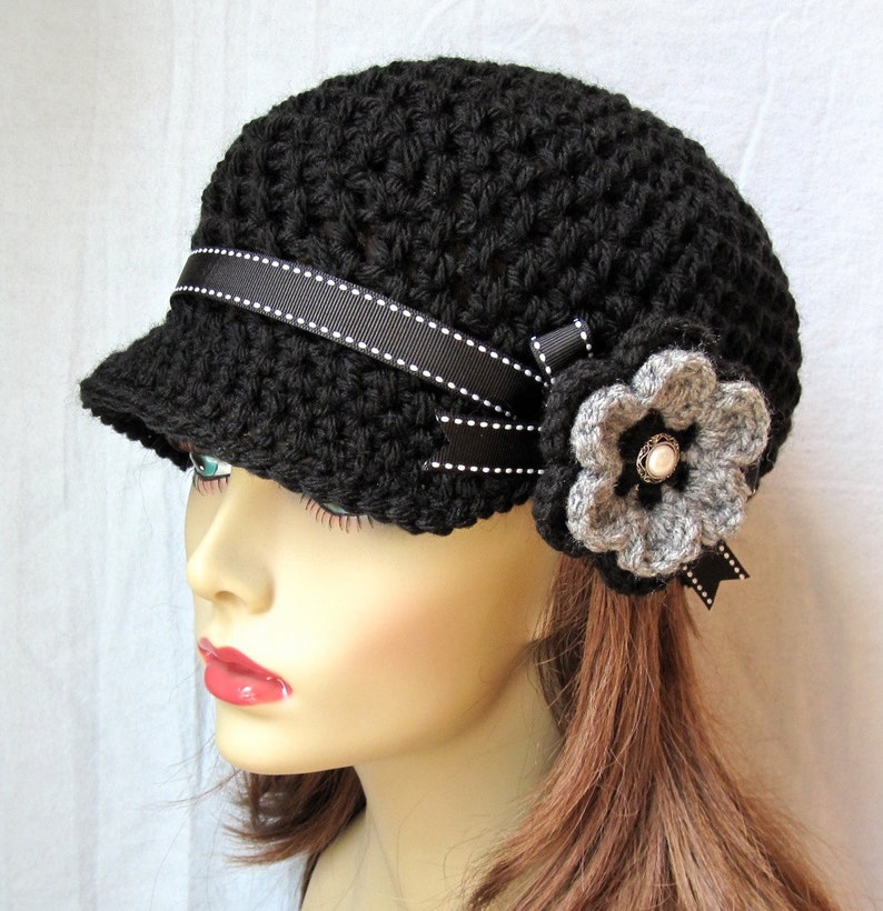 Free shipping USA Crochet Newsboy, Woman Hat, Black, Ribbon, Flower, Gray, Pearl Button, Gifts for Her, Birthday Gifts JE148NFRALL6 image 5