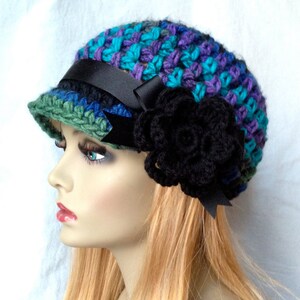 Womens Hat, Beanie, Flower, Multi, Blue Green Purple Black, Chunky, Warm. Teens, Winter, Ski Hat, Birthday Gifts for Her, JE409BF2 image 2