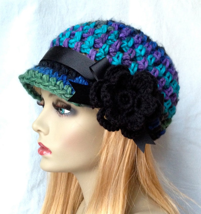 Womens Hat, Beanie, Flower, Multi, Blue Green Purple Black, Chunky, Warm. Teens, Winter, Ski Hat, Birthday Gifts for Her, JE409BF2 image 2