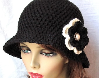 White and Black Hat Womens Brim Hat Cloche, Flower, Pearl, Birthday Gifts, Wedding Hat, Tea Party, Photo Prop, JE276CF8