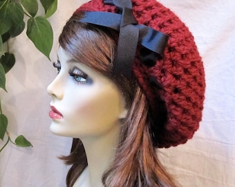 Crochet Red Woman Hat, Beret, Slouchy, Holiday gifts, Black Ribbon, Chunky, Warm, Teens, Winter, City Hat, Birthday Gifts for Her, JE467BTR