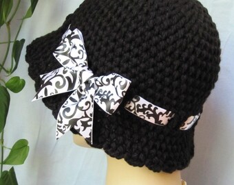 Crochet Cloche Womens Hat, Black and White, Ribbon, Birthday Gifts, GIfts Under 50, Photo Props, JE276CRALL