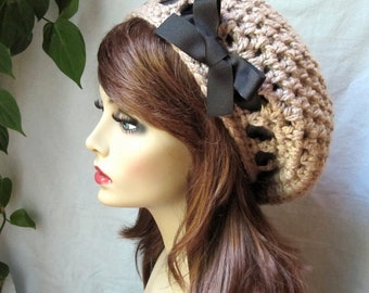 Taupe color Crochet Slouchy Beret, Woman Hat, Ribbon, Chunky, Teens, Winter, Birthday Gifts, Gifts for Her, JE368BTR2
