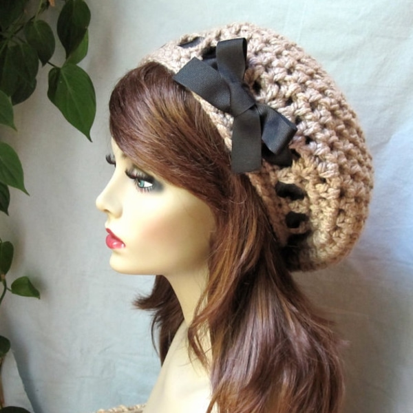 Taupe Crochet Slouchy Beret with Ribbon: Chunky Winter Hat