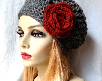 Charcoal Grey Slouchy Beret: Chunky Crochet Hat with Red Rose