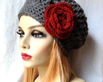 Charcoal Grey Womens Hat, Slouchy Beret, Ohio Buckeye, Red Rose Flower, Cancer hat, Chunky, Teens, Winter, Christmas Gift for Her