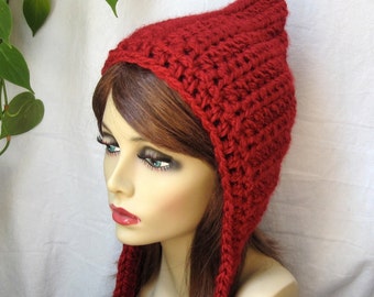 Hoodie, Elf Hat, Pixie Hat, Red Riding Hood, Womens Hat, Warm, Chunky, Teens, Girls, Chemo Hat, Winter JE467HO