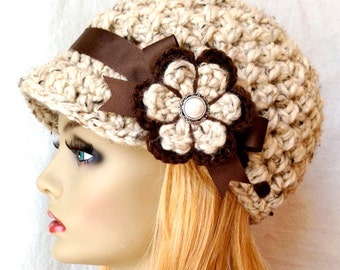 SALE Crochet Womens Hat, Newsboy, Oatmeal, Very Soft Chunky Wool, Flower, Brown Ribbon, Warm, Teens, Winter, Ski Hat, JE808N7