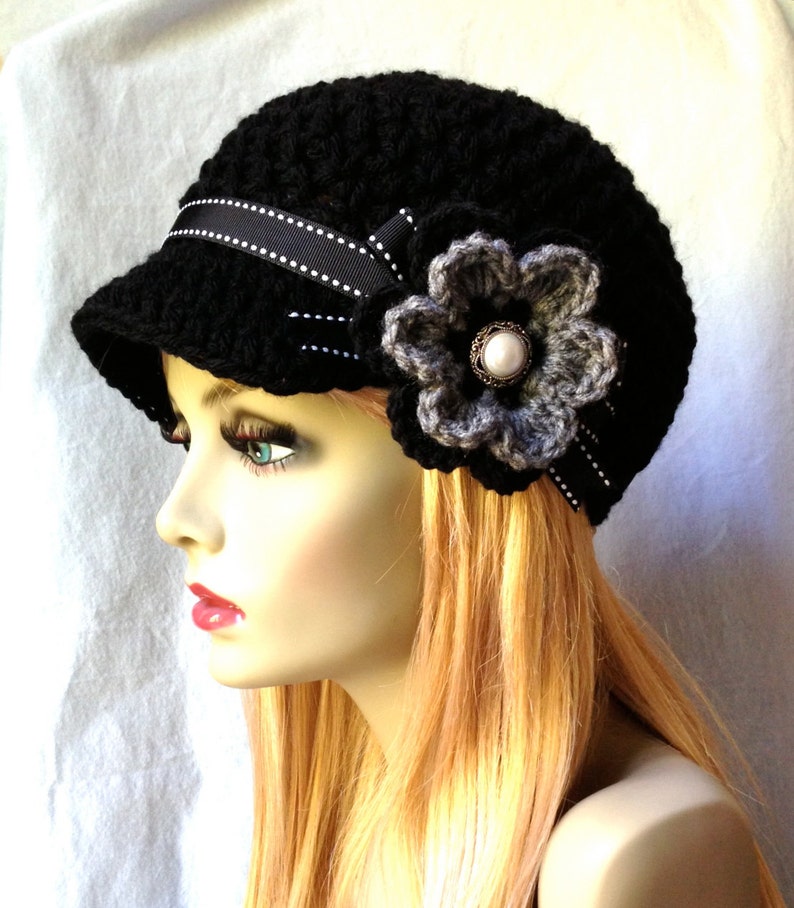 Free shipping USA Crochet Newsboy, Woman Hat, Black, Ribbon, Flower, Gray, Pearl Button, Gifts for Her, Birthday Gifts JE148NFRALL6 image 2