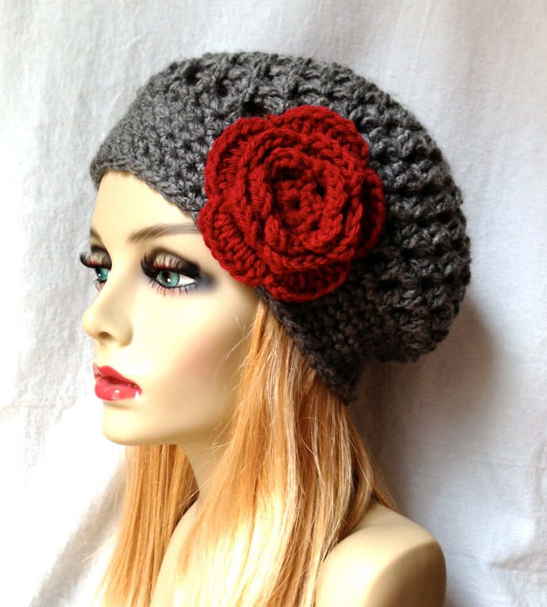 Charcoal Grey Womens Hat, Slouchy Beret, Ohio Buckeye, Red Rose Flower, Cancer hat, Chunky, Teens, Winter, Christmas Gift for Her image 2