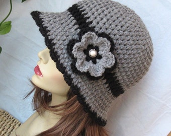 SALE Womens Hat, Grey Flower Cloche, Black Flower, Pearl Button, Flapper Hat, Birthday Gifts, Photo Prop, JE275CFALL