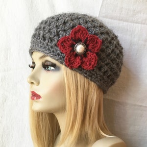 Charcoal Grey Womens Hat, Slouchy Beret, Ohio Buckeye, Red Rose Flower, Cancer hat, Chunky, Teens, Winter, Christmas Gift for Her image 6