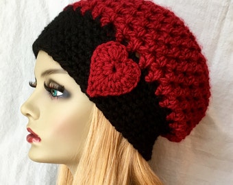 Valentines Red Heart Womens Hat, Crochet Beret, or Custom Color, Chunky, Warm, Teens, Birthday Gifts for Her JE467BTF8