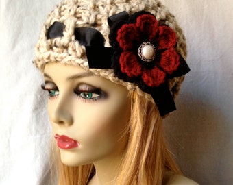 Crochet Wool Beanie, Oatmeal Flower Hat, Winter Fashion