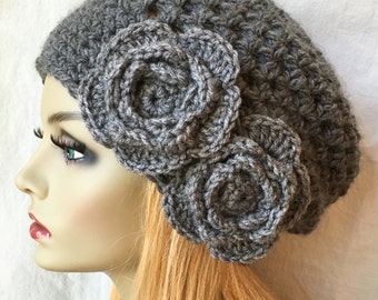 Crochet Womens Hat, Slouchy Beret, Charcoal Gray or Pick Your Color, Rose Flower, Chunky, Teens, Birthday Gifts, Gifts for Her JE407SBTF6