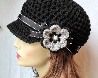 Free shipping USA Crochet Newsboy, Woman Hat, Black, Ribbon, Flower, Gray, Pearl Button, Gifts for Her, Birthday Gifts JE148NFRALL6