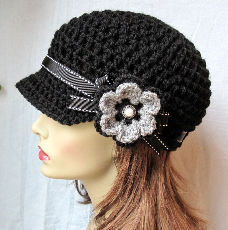 Free shipping USA Crochet Newsboy, Woman Hat, Black, Ribbon, Flower, Gray, Pearl Button, Gifts for Her, Birthday Gifts JE148NFRALL6 image 1
