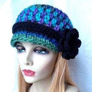 Womens Hat, Beanie, Flower, Multi, Blue Green Purple Black, Chunky, Warm. Teens, Winter, Ski Hat, Birthday Gifts for Her, JE409BF2 image 4