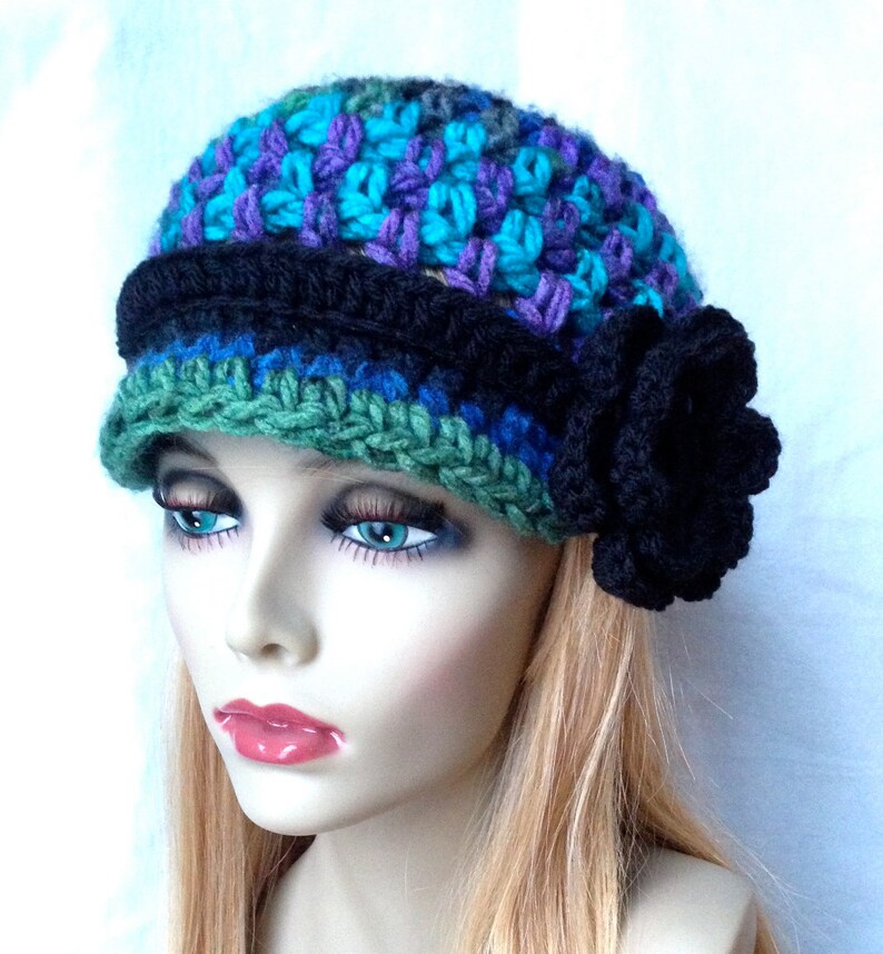 Womens Hat, Beanie, Flower, Multi, Blue Green Purple Black, Chunky, Warm. Teens, Winter, Ski Hat, Birthday Gifts for Her, JE409BF2 image 4