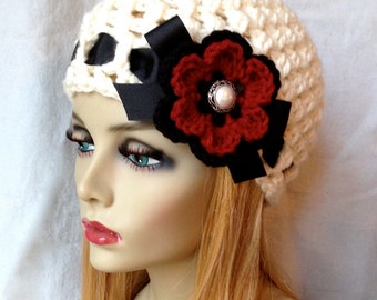 Crochet Womens Hat, Beanie, Cream, Very Soft Chunky, Bridal Head Piece Hat, Flower, Ribbon, Warm, Teens, Winter, Ski Hat, JE505B
