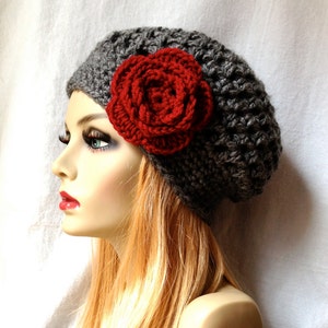 Charcoal Grey Womens Hat, Slouchy Beret, Ohio Buckeye, Red Rose Flower, Cancer hat, Chunky, Teens, Winter, Christmas Gift for Her image 5